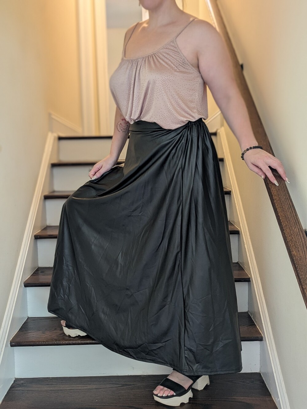NWOT Black Faux Leather Flowy Maxi Skirt Size Large